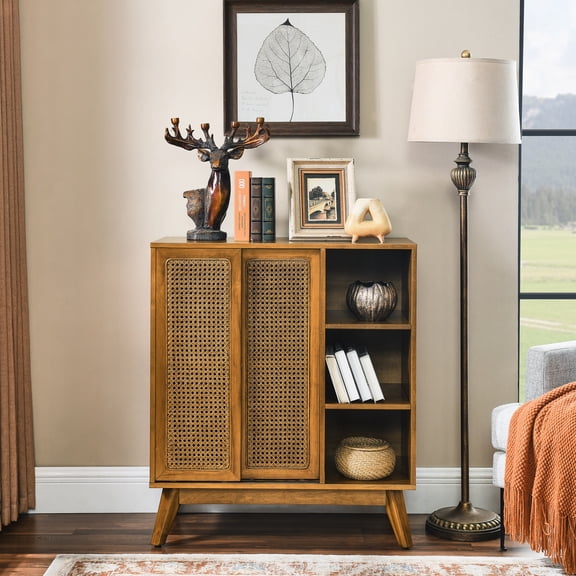 Mid Century Rattan Bedroom Cabinet | Vintage Charm with Storage Function | Solid Wood Feet & Natural Rattan | Charge Cell Phones Easily