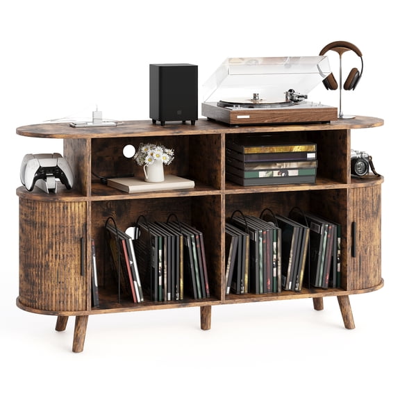 Mid Century Record Player Stand with Charging Station, Round Turntable Cabinet with USB Ports, Vinyl Storage Console Table for Bedroom Living Room, 2 AC Outlets
