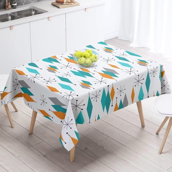 Mid Century Rectangle Tablecloth Modern Geometric Teal Diamond Table Cloth Washable Polyester Fabric Table Cover for Dining Room Kitchen Patio Home Decorations 60x84