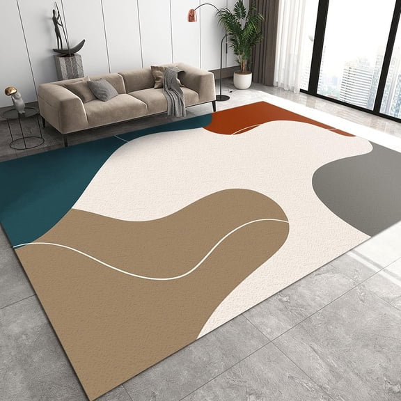 Mid Century Red Blue Brown Abstract Geometry Living Room Area Rug, Modern Floor Decor Rug, Non-Slip Easy Clean Low Pile Absorbent Washable Carpet For Bedroom Entryway Garden Outdoor 5x7ft