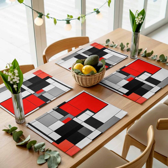 Mid Century Red Gray Color Block Placemats Set of 4,Wipeable Washable Table Mats for Dining Tables, Geometric Abstract Art Place Mats for Kitchen Event Party Tabletop Decor