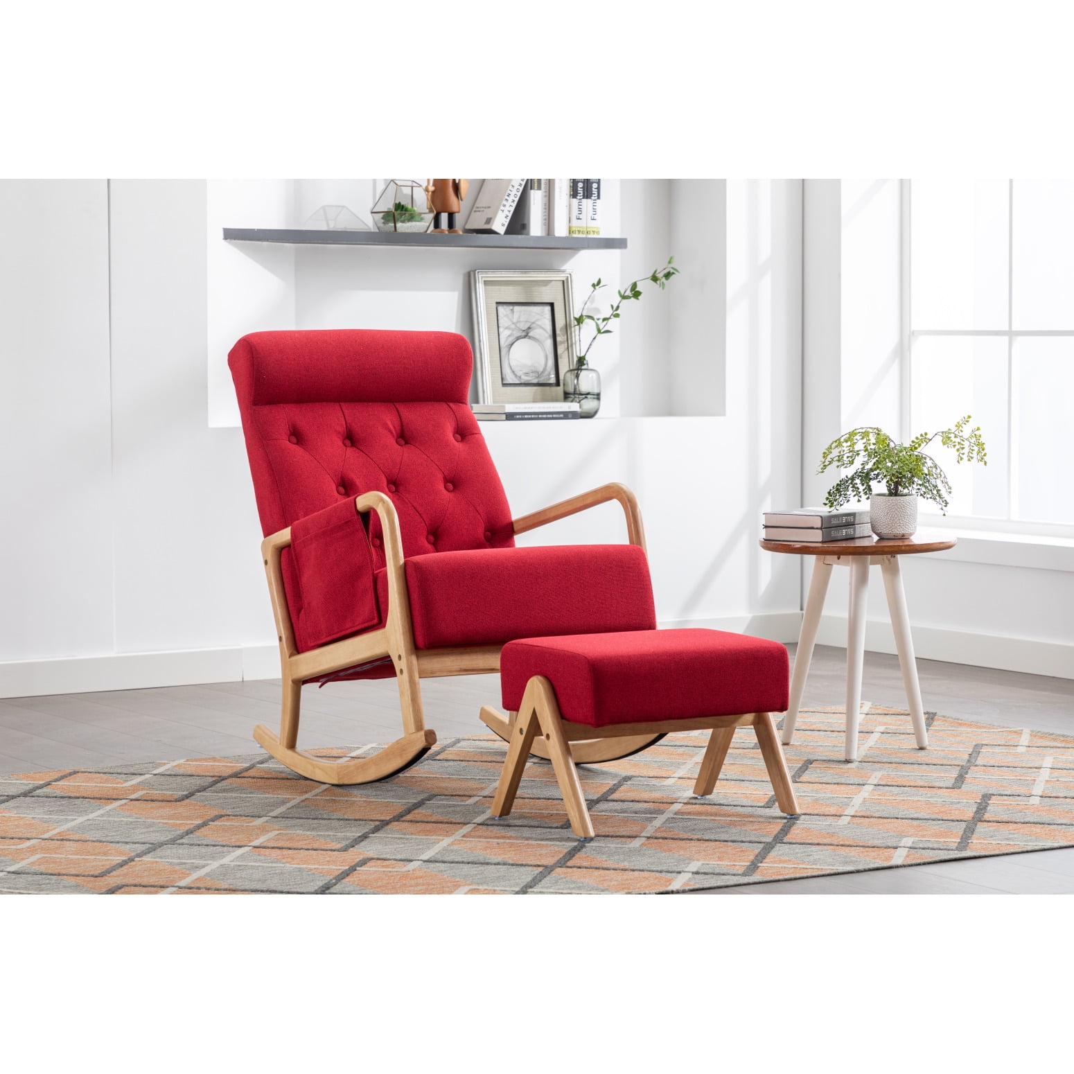 Mid-Century Red Solid Wood Rocking Chair & Ottoman Set | Linen ...