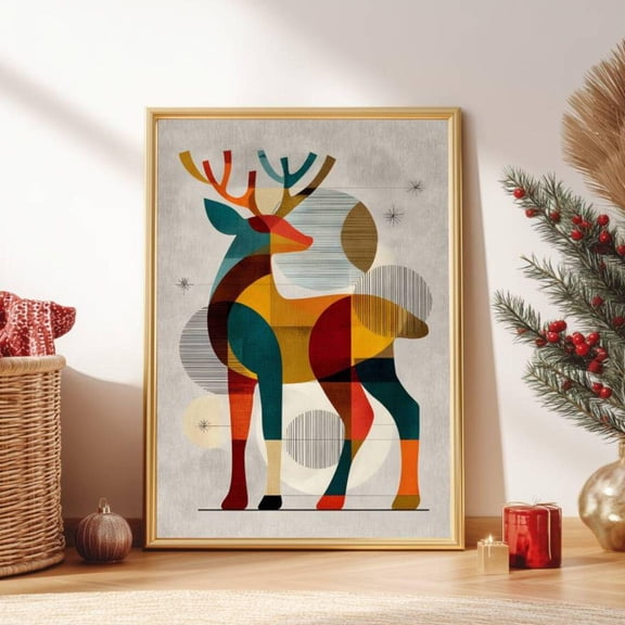 Mid Century Reindeer Geometric Wall Art, Unframed Paper Print Size 8x12