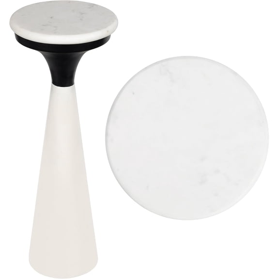 Mid-Century Retro Metal Drink Table with White Marble Round Top, Decorative End Table, White/Black