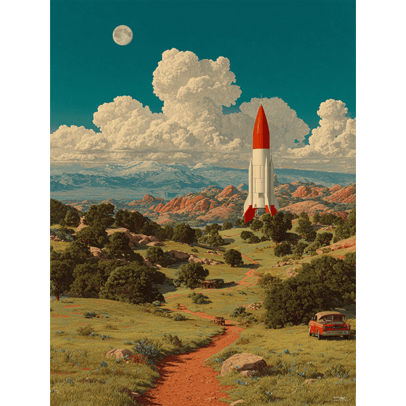 Mid Century Retro Rocket Launch Canvas Print, Vintage Space Astronaut Home Office Wall Decor Art