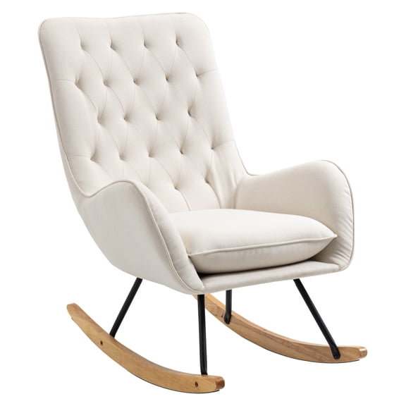 Mid-Century Rocking Chair - Cream White Linen Accent Chair with Wood Base - Living Room, Bedroom, Studio - Tufted Wingback Rocker with Padded Seat