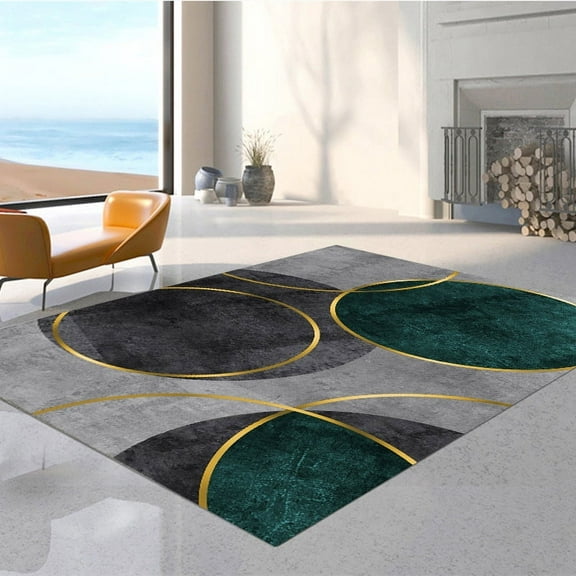Mid-Century Room Rugs, Emerald Green Golden Circle Gray Area Rug, Non-Slip Machine Washable Home Decor Carpet For Children Bedroom Bedroom Floor Cover Entryway Indoor 3 x 5ft