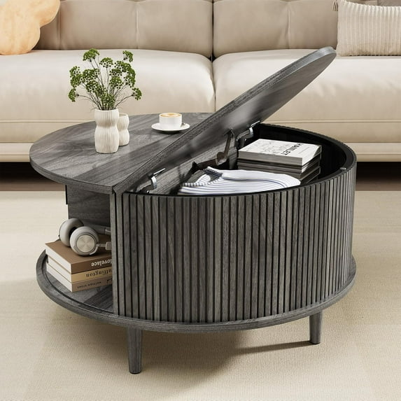Mid Century Round Coffee Table, Fluted Center Table with Sliding Door, Modern Dining Table with Storage for Home Living Room Office, 31.5", Gray