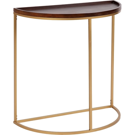 Mid-Century Round Console Table, 28 x 14 x 30, Walnut Brown and Gold, Modern Half-Circle Entryway Table for Storage, Organization, and Display