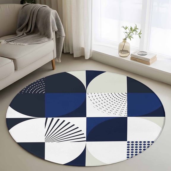 Mid Century Round Rugs for Living Room 3ft Abstract Blue White Geometric Non Slip Circle Rug Washable Low-Profile Indoor Carpet for Bedroom, Dining Room, Bathroom