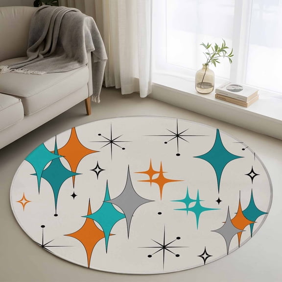 Mid Century Round Rugs for Living Room 4ft Boho Modern Geometric Teal Orange Star Non Slip Circle Rug Washable Low-Profile Indoor Carpet for Bedroom, Dining Room, Bathroom