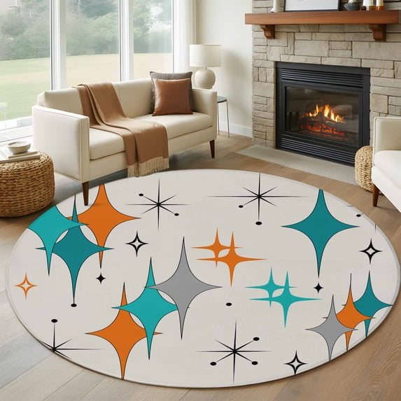 Mid Century Round Rugs for Living Room 5ft Boho Modern Geometric Teal Orange Star Non Slip Circle Rug Washable Low-Profile Indoor Carpet for Bedroom, Dining Room, Bathroom