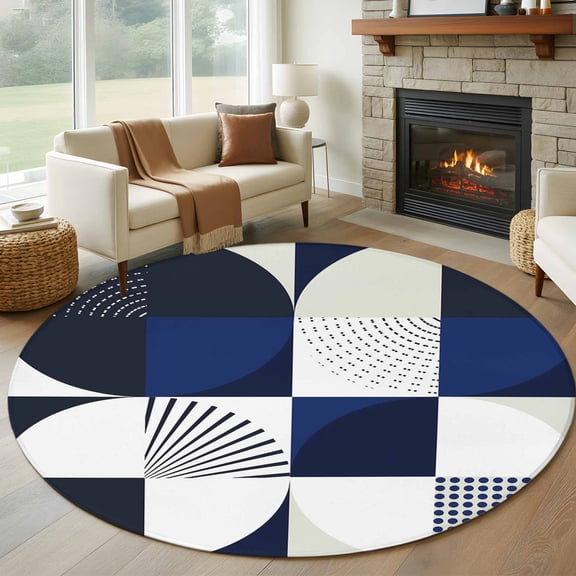 Mid Century Round Rugs for Living Room 6ft Abstract Blue White Geometric Non Slip Circle Rug Washable Low-Profile Indoor Carpet for Bedroom, Dining Room, Bathroom