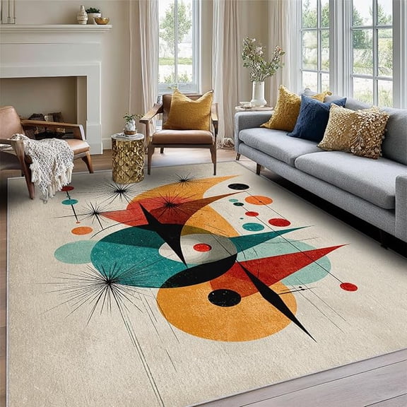 Mid Century Rug, Washable Atomic Retro Modern Area Rugs - Geometric Abstract Home Decor Carpet, Bedroom, Living Room, Soft, Non Slip, Non Shedding 5 x 7ft