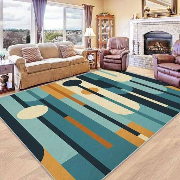 Mid Century Rug Washable Modern Geometric Rugs For Living Room Bedroom, Abstract Mid-Century Area Rug For Home Decor, Non Slip Backing Floor Carpet 1x2ft