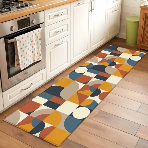 Mid Century Runner Rug for Hallway 2x6ft, Orange Brown Beige Blue Abstract Retro Geometric Modern Non Slip Floor Mat Washable Low-Profile Indoor Carpet for Living Room, Bedroom, Dining Room