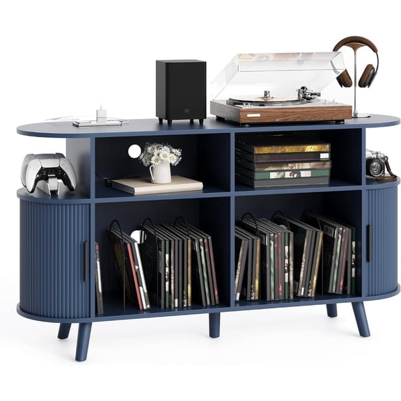 Mid Century Rustic Vinyl Turntable Table, Large Round Record Player Cabinet with Storage, Stereo Stand with Open Shelves, USB Charging Station