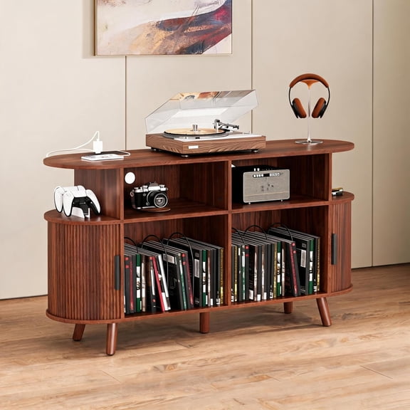Mid Century Rustic Vinyl Turntable Table, Large Round Record Player Cabinet with Storage, Stereo Stand with Open Shelves, USB Charging Station