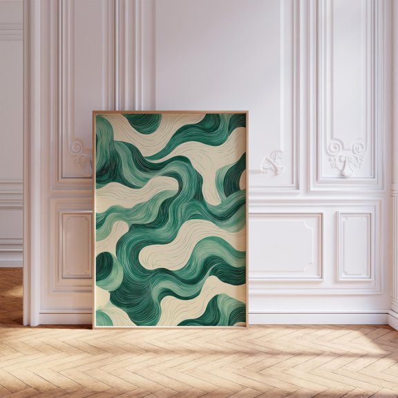 Mid Century Sage Green Modern Abstract Minimalist Waves Aesthetic Wall Art Decor, Unframed Canvas 12x16in