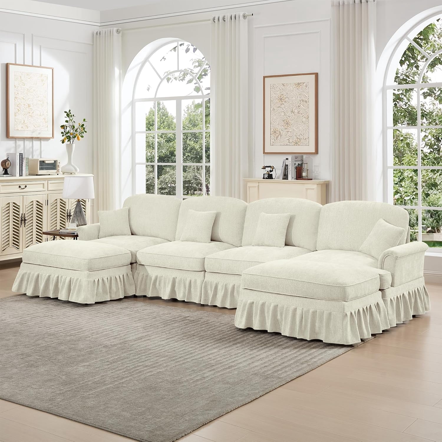 Mid Century Sectional Sofa, U Shape 4 Seat Couch with Flared Arms & Removable Ruffles Pleats Skirts, Deep Seat Sofa for Living Room, Beige