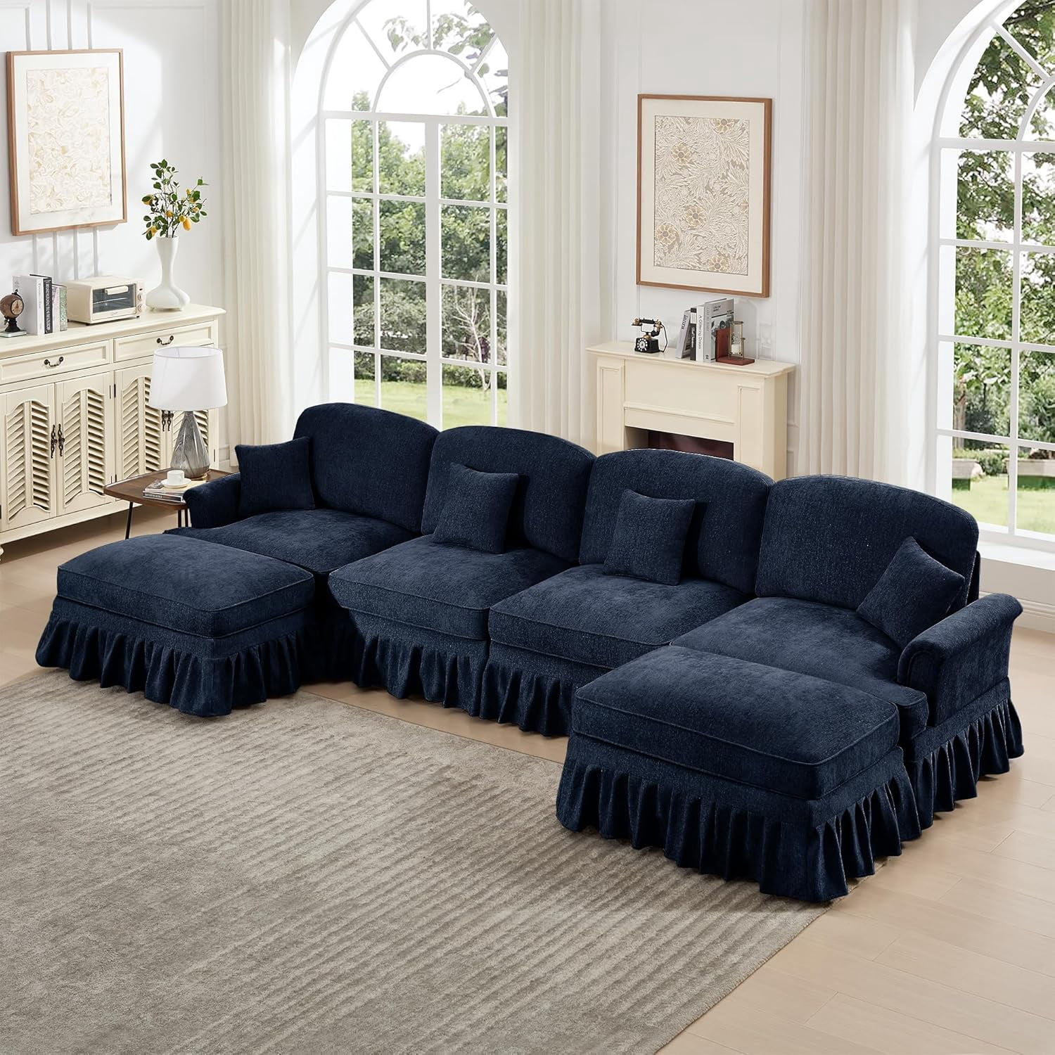 Mid Century Sectional Sofa, U Shape 4 Seat Couch with Flared Arms & Removable Ruffles Pleats Skirts, Deep Seat Sofa for Living Room, Blue
