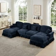 thumbnail image 1 of Mid Century Sectional Sofa, U Shape 4 Seat Couch with Flared Arms & Removable Ruffles Pleats Skirts, Deep Seat Sofa for Living Room, Blue, 1 of 7