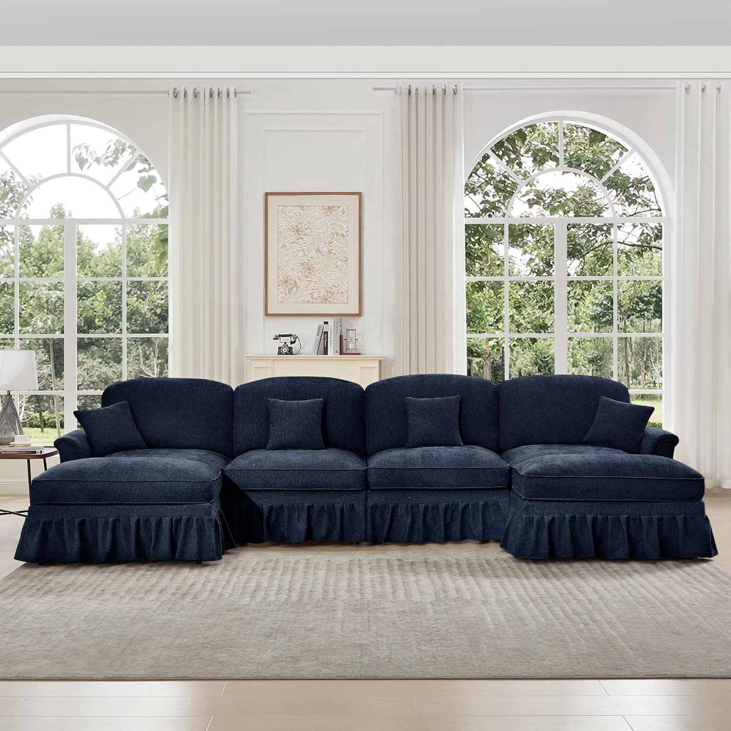 137.8'' Oversized Modular Sectional Sofa, U-Shaped Couch, Silver Chenille 6 Seat Sofa with Removable Ruffles Pleats Skirts, Ottoman, Flared Arm, Deep Couches for Living Room, Bedroom, Blue
