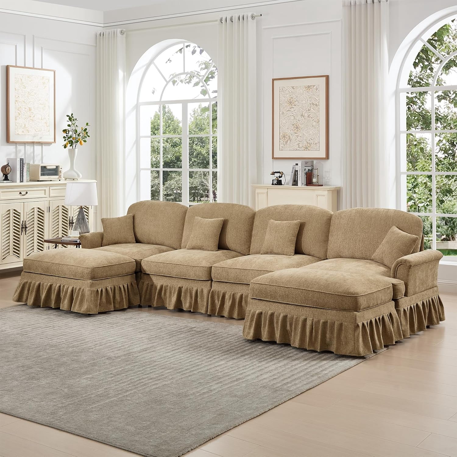 Mid Century Sectional Sofa, U Shape 4 Seat Couch with Flared Arms & Removable Ruffles Pleats Skirts, Deep Seat Sofa for Living Room, Light Coffee