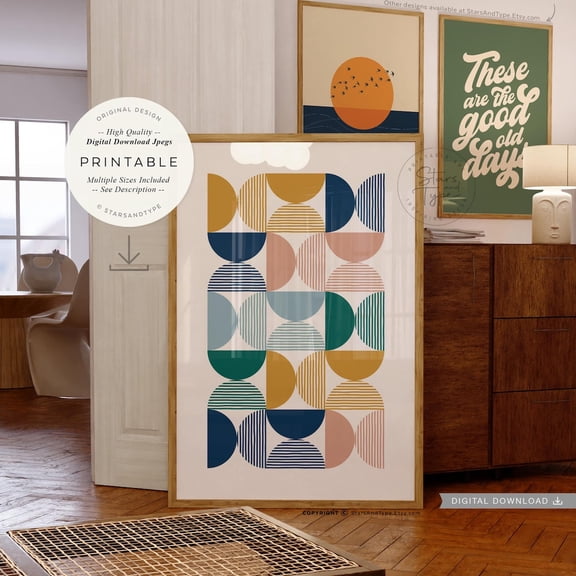 Mid Century Semi Circle Geometric Poster, Stretched Size 12x18