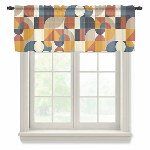 Mid Century Semi Sheer Valance Curtains Orange Brown Beige Blue Abstract Retro Geometric Modern Voile Valances Curtain Rod Pocket Small Window Treatment for Kitchen Bathroom Cafe 60"x18"
