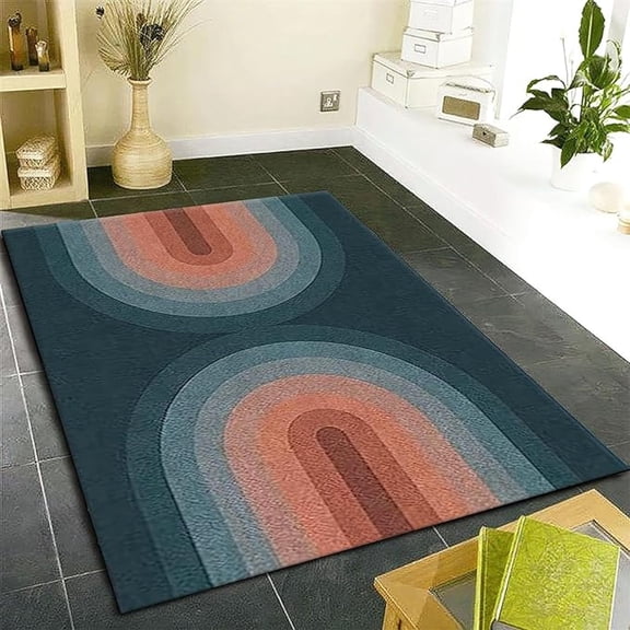 Mid-Century Semicircle Geometric Area Rug, Abstract Dark Blue Arches Non Slip Print Rugs, Machine Washable Carpet For Indoor Living Room Bedroom Office Decor Mat 4x6ft
