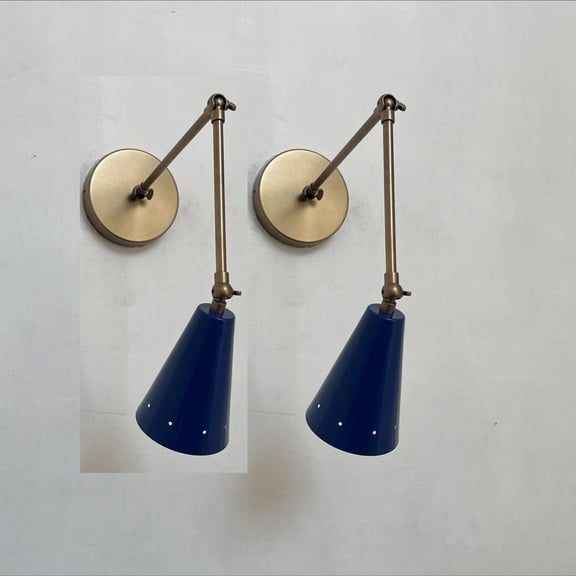 Mid Century Set Of 2 Wall Light Sconce Lamp Modern Raw Brass And Dark Blue Handmade Adjust Sputnik Wall light Fixture
