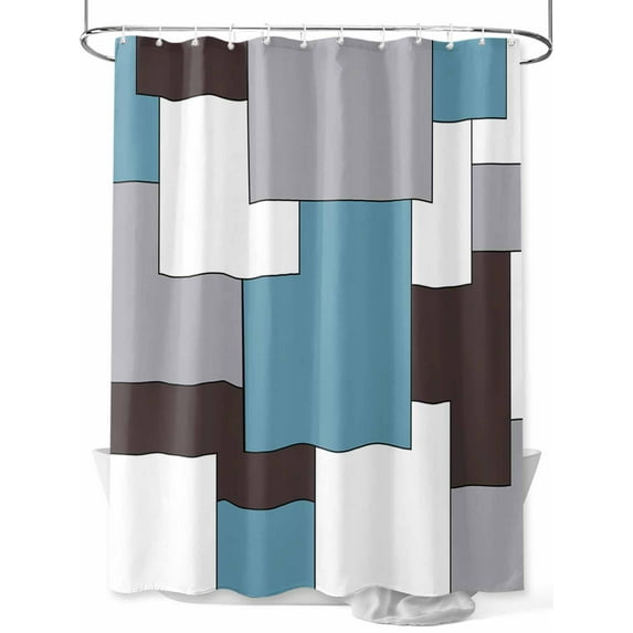 Mid Century Shower Curtain, Absrtact Geometric Blue Brown Gery Waterproof Shower Curtain Set with 12 Hooks Lightweight Washable Fabric Shower Curtains for Bathroom 36x72 Inches