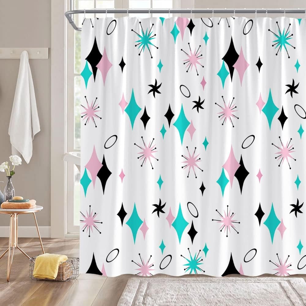Mid Century Shower Curtain Atomic Retro Starbursts Teal Pink Black ...
