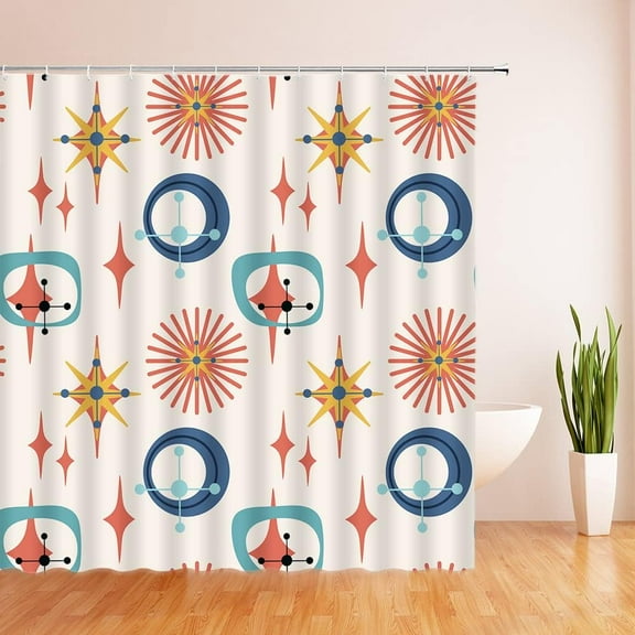 Mid Century Shower Curtain Atomic Starbursts Retro Abstract Geometric Space Geometric Vintage Classic 1950S 1960S Iconic Pattern Modern Sputnik Home Decor Fabric Bath Curtain with Hook