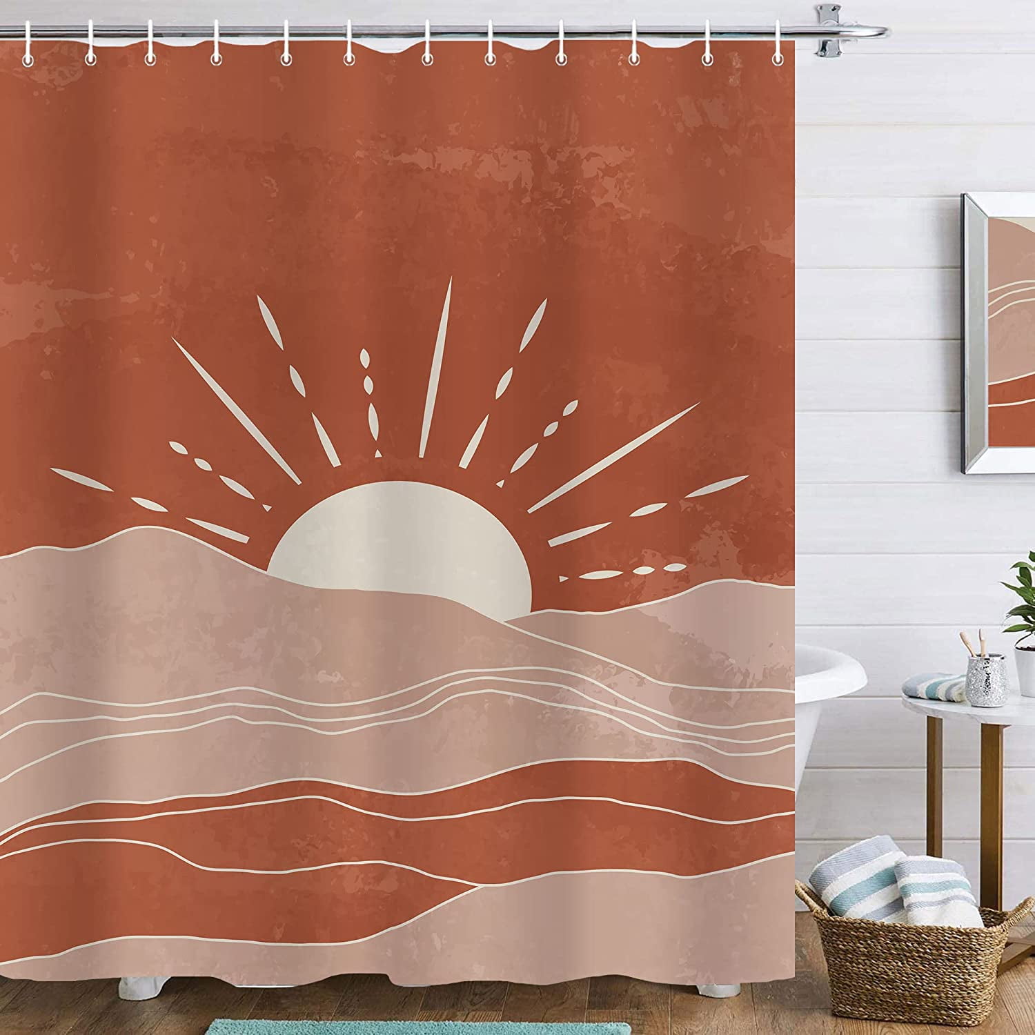 Mid Century Shower Curtain Burnt Orange Shower Curtain 72Wx72L Inch Abstract Boho Shower Curtain