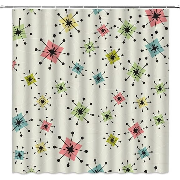 Mid-Century Shower Curtain Iconic Atomic Starburst Century Mid 60s Retro Abstract Geometric Pattern Space Sputnik Classic Design Bath Decor Polyester with Hook