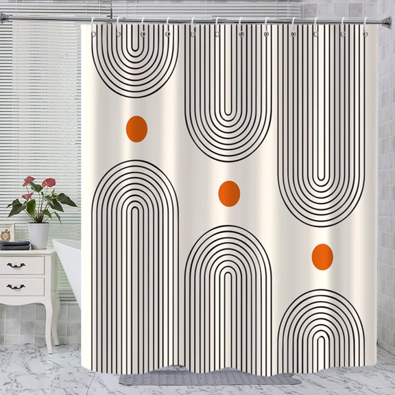 Mid Century Shower Curtain, Minimalist Abstract Arch Simple Sun Modern Machine Washable Waterproof Fabric
