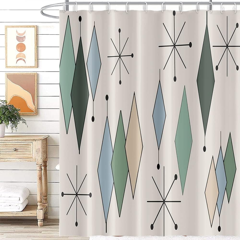 NTETSN Boho Geometric Shower Curtain - Yellow & Brown Vintage 50s/60s Pattern, 72x72", Waterproof - View #11