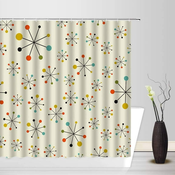 Mid Century Shower Curtain Retro Absctract Geometric Pattern Space 1950S 1960S Iconic Atomic Starbursts Century Modern SputnikBathroom Decor Fabric Curtain with 12 Hooks，72X72 Inch with Hooks