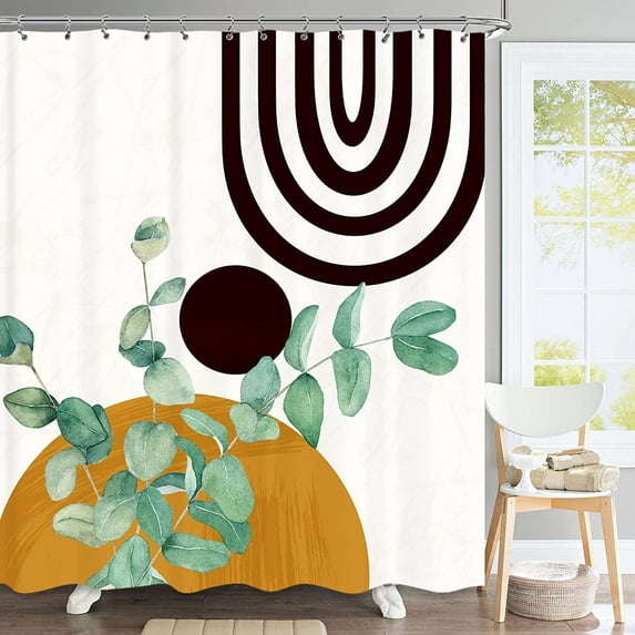 Mid Century Shower Curtain Set for Bathroom 72Wx72H Inch Fabric Abstract Green Eucalyptus Leaf Plant Sun Curve Bathtub Set for Men Modern Minimalistic Aesthetic Bath Accessories 12 Pack Hooks