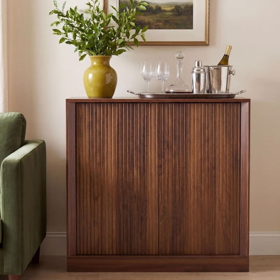 Mid-Century Sideboard Buffet Cabinet - Black Walnut Wave Pattern Door, Modern Wood Storage Credenza for Living Room, Dining Room, Kitchen - TV Stand Console Table Coffee Bar