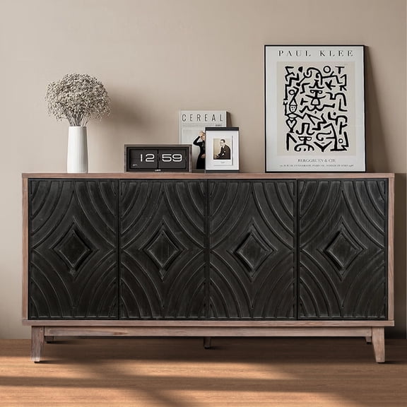 Mid Century Sideboard Buffet Cabinet Solid Wood Legs 60" Kitchen Storage Cabinet Credenza with 4 Convex pattern diamond Doors and 2 Shelves Accent Console Table for Living Room Entrance Hall(Black)