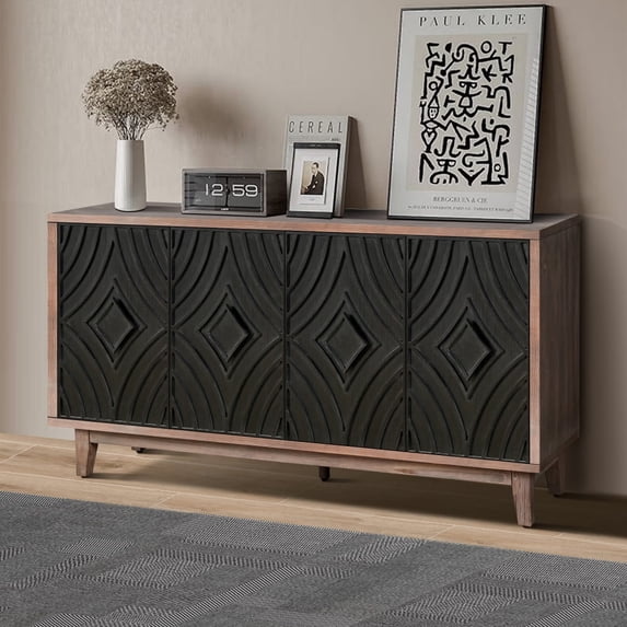 Mid Century Sideboard Cabinet with 4 Convex pattern diamond Doors, Solid Wood Legs and 2 Shelves for Living Room, Entrance Hall