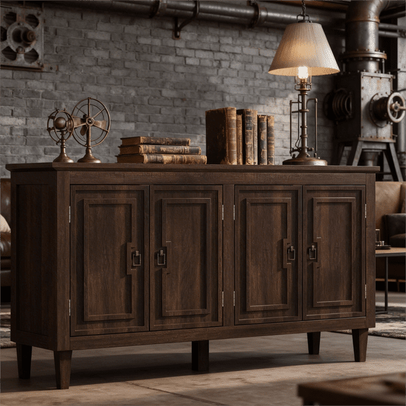 Mid Century Sideboard Cabinet with 4 Doors, Solid Wood Buffet Table Coffee Station for Dining Room & Living Room, Entryway Storage Console