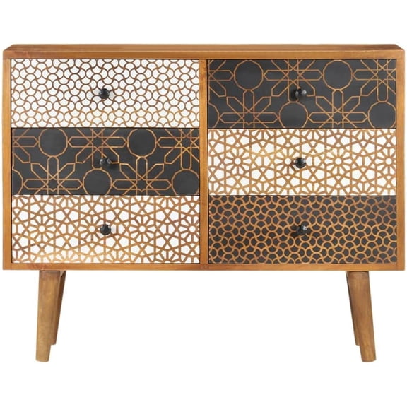 Mid Century Sideboard with 6 Drawers, Solid Mango Wood Cabinet with Printed Pattern, 35.4"x11.8"x27.6" Storage Sideboard for Living Room
