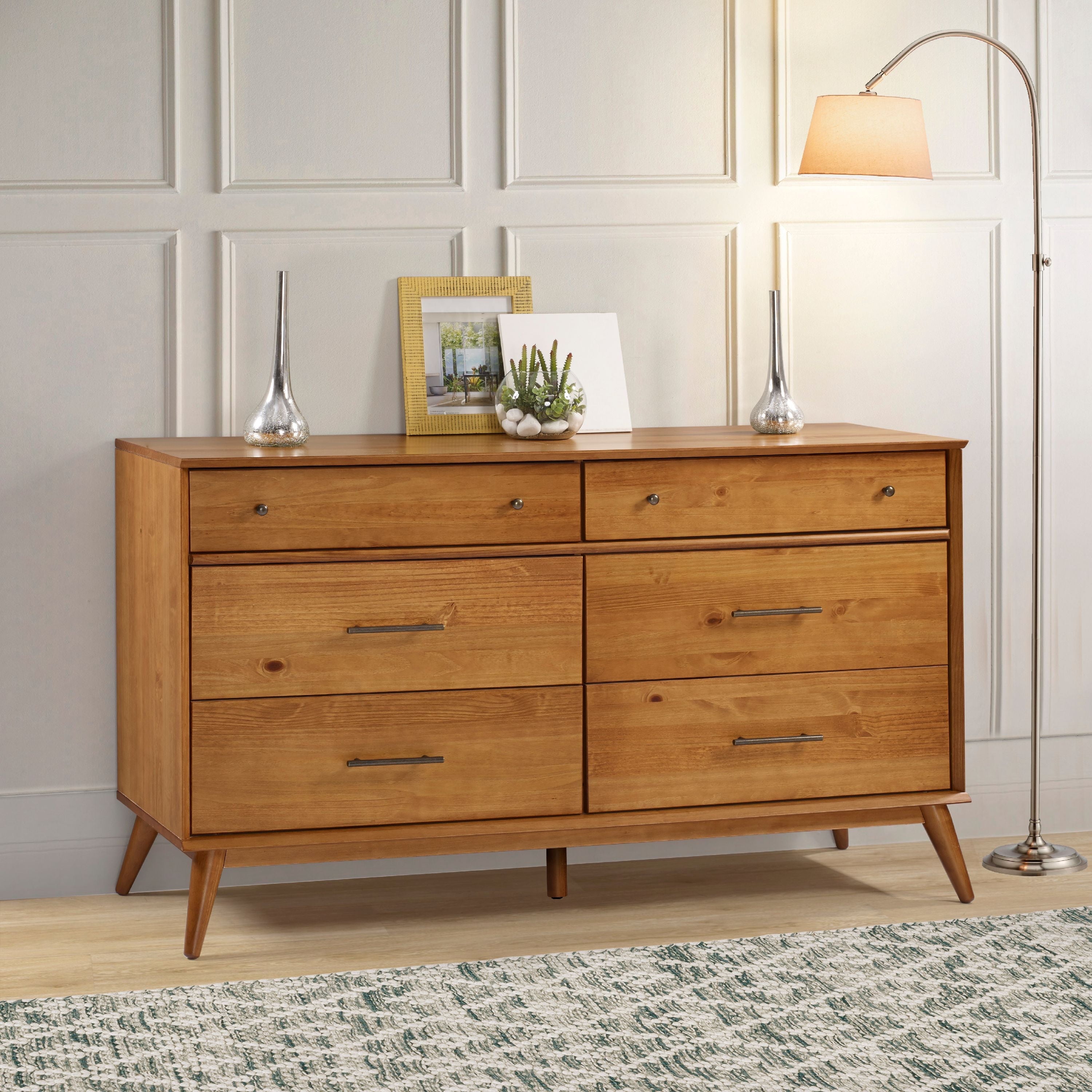 Modern Mid-Century Six Drawer Dresser - Solid Wood, Castanho