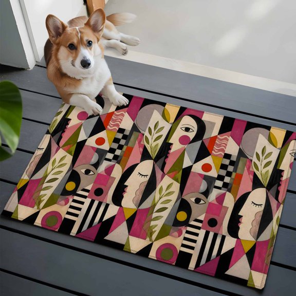 Mid Century Small Area Rugs 2x3 Abstract Overlapping Face Silhouettes Botanical Leaf Entryway Rugs Washable Door Mat, Low-Profile Area Rugs Non Slip Floor Carpet for Living Room Bedroom Home Office