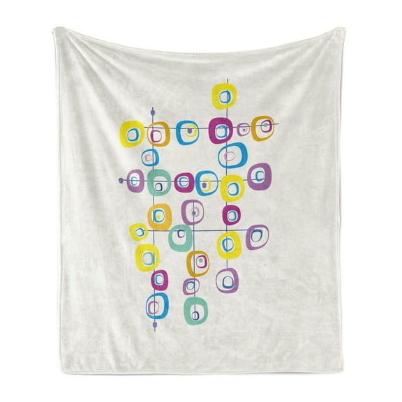 Mid Century Soft Flannel Fleece Throw Blanket, Hippie Squares on Intersecting Lines Colored Cool and Crazy Themed Art, Cozy Plush for Indoor and Outdoor Use, 50" x 70", Multicolor, by Ambesonne