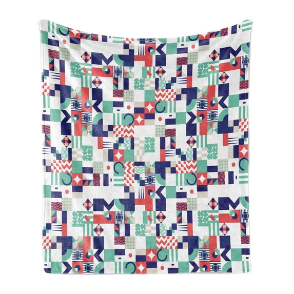 Mid Century Soft Flannel Fleece Throw Blanket, Rich Contemporary Mosaic of Funky and Pastel Shapes, Cozy Plush for Indoor and Outdoor Use, 60" x 80", Dark Purple Dark Coral, by Ambesonne